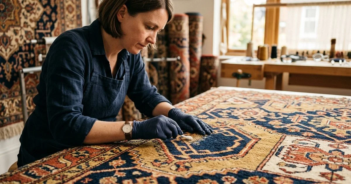 Technician dye-testing an antique rug with a damp cotton swab