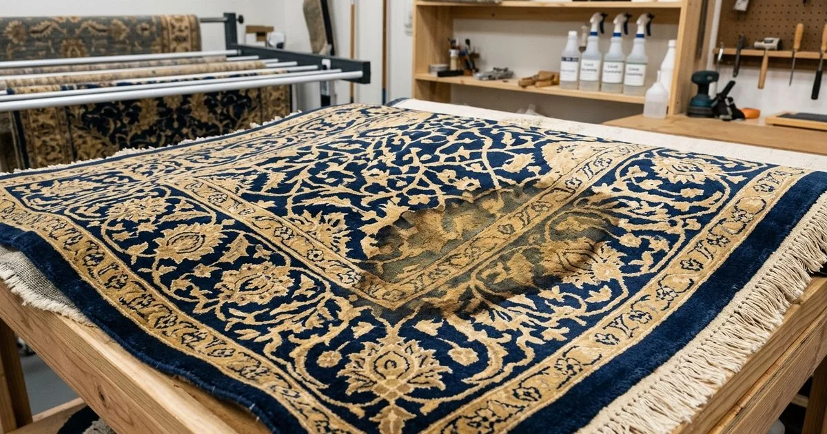 Viscose rug with water-spot browning damage