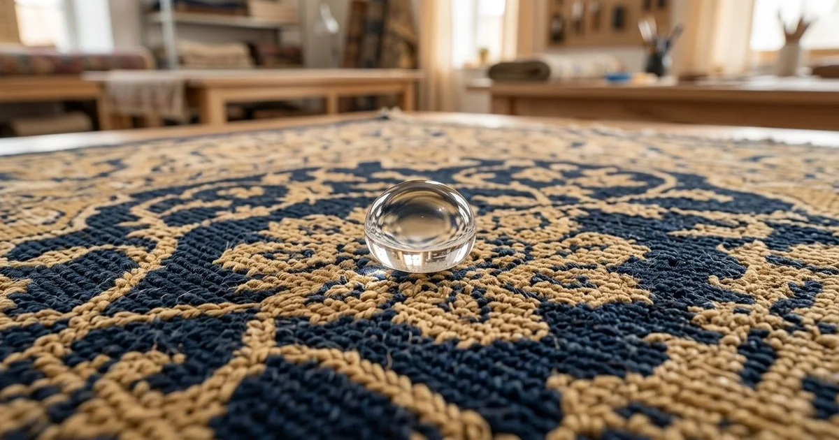 Water droplet beading on a treated rug surface