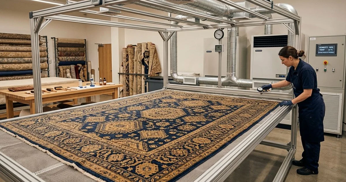 Rug undergoing controlled drying with airflow
