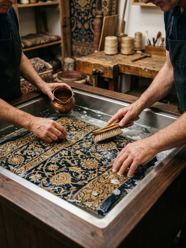 Hand-washing a fine silk rug in an individual bath