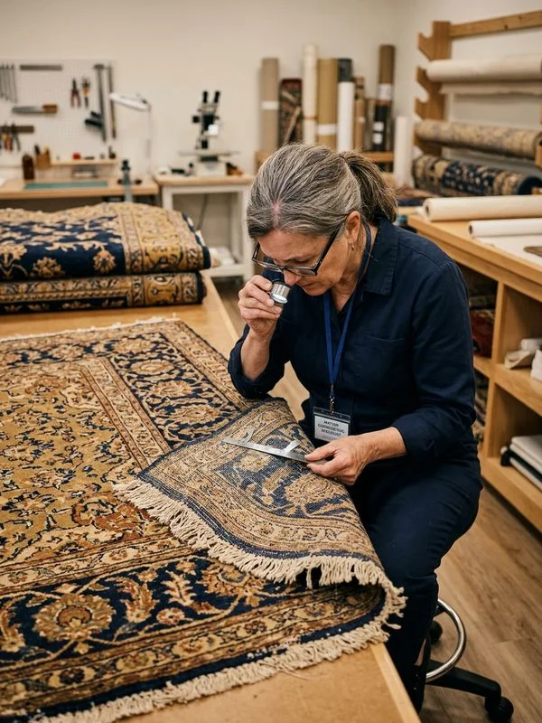 Master Certified rug specialist inspecting a vintage Persian rug