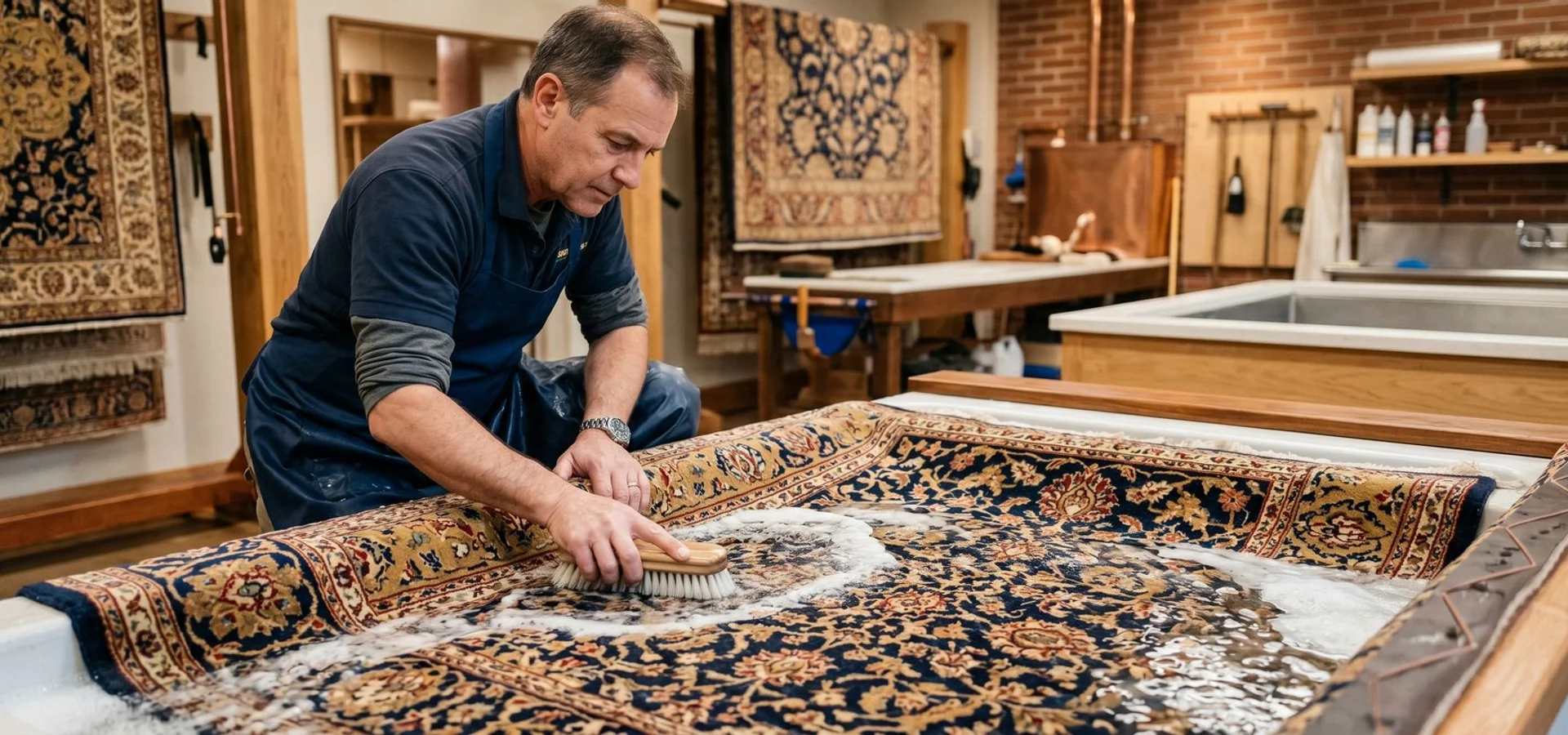 Master Certified technician hand-washing a fine Persian area rug in our Las Vegas studio